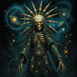 A fierce and haunting depiction of a Tzitzimitl, a mythical figure from Aztec mythology known as a star goddess associated with the night sky