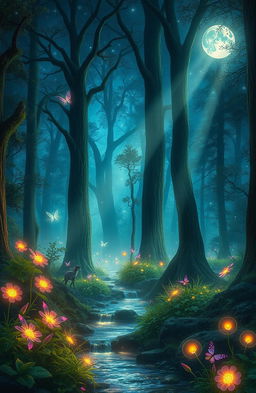 An enchanting scene in a magical forest during a starlit night, with tall, ancient trees surrounded by a soft, glowing mist