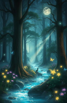 An enchanting scene in a magical forest during a starlit night, with tall, ancient trees surrounded by a soft, glowing mist