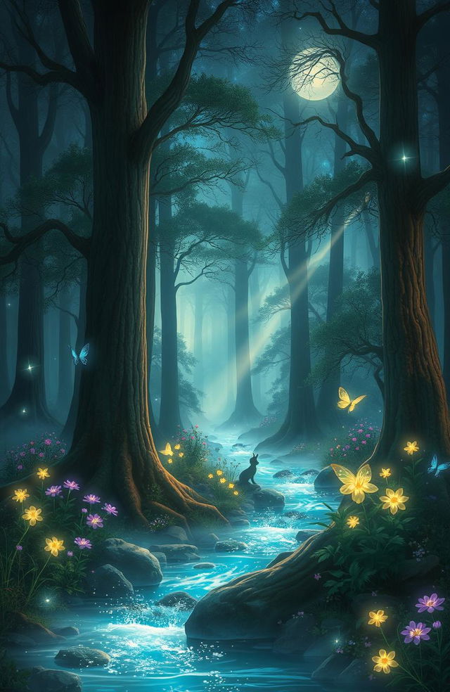 An enchanting scene in a magical forest during a starlit night, with tall, ancient trees surrounded by a soft, glowing mist