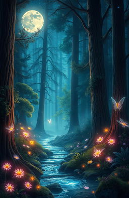 An enchanting scene in a magical forest during a starlit night, with tall, ancient trees surrounded by a soft, glowing mist