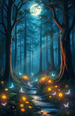 An enchanting scene in a magical forest during a starlit night, with tall, ancient trees surrounded by a soft, glowing mist