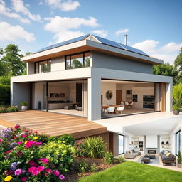 A modern house design featuring a sleek, minimalistic exterior with large glass windows and a flat roof