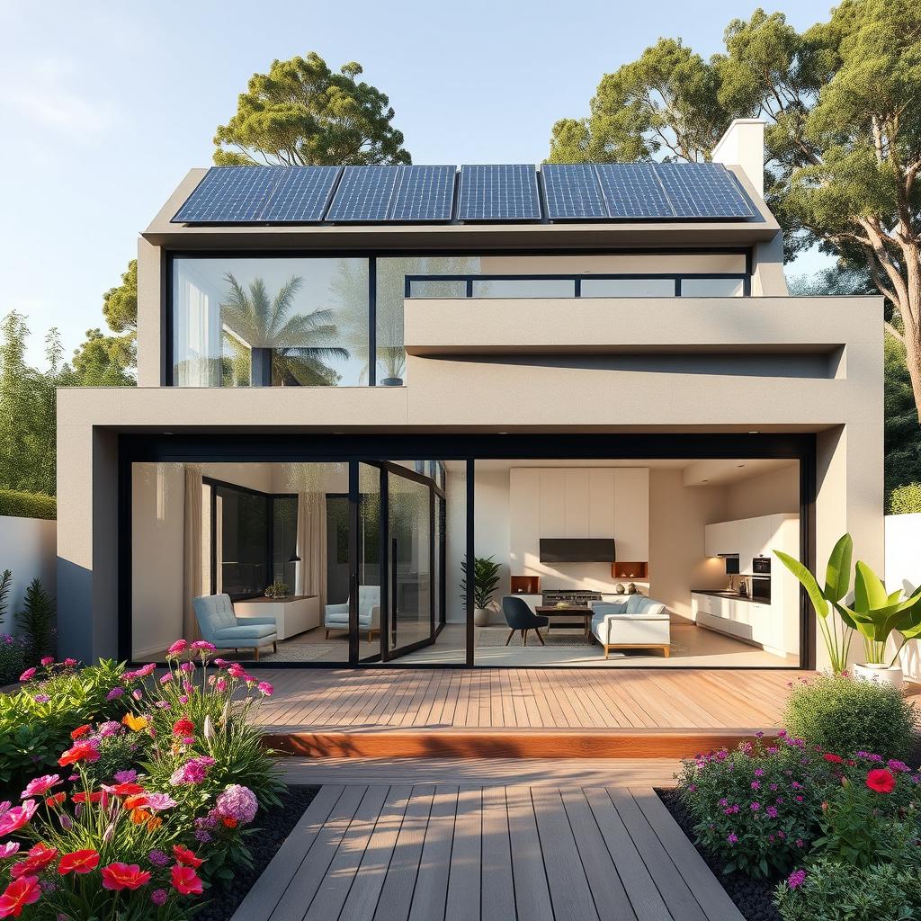 A modern house design featuring a sleek, minimalistic exterior with large glass windows and a flat roof