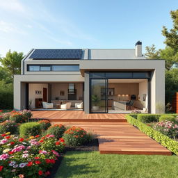 A modern house design featuring a sleek, minimalistic exterior with large glass windows and a flat roof
