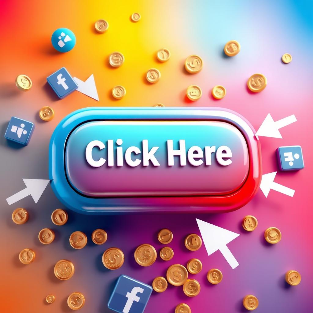 A vibrant background with attention-grabbing colors, featuring a large 3D 'Click Here' button