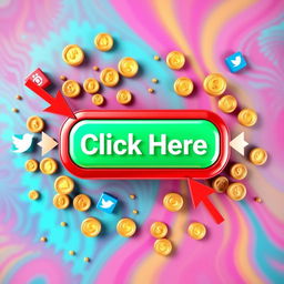 A vibrant background with attention-grabbing colors, featuring a large 3D 'Click Here' button