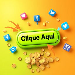 A vibrant background with attention-grabbing colors, featuring a large 3D button that says 'Clique Aqui' in Portuguese