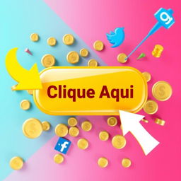 A vibrant background with attention-grabbing colors, featuring a large 3D button that says 'Clique Aqui' in Portuguese