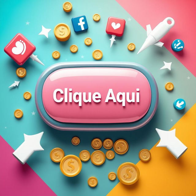 A vibrant background with attention-grabbing colors, featuring a large 3D button that says 'Clique Aqui' in Portuguese