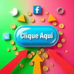 A vibrant background with attention-grabbing colors, featuring a large 3D button that says 'Clique Aqui' in Portuguese