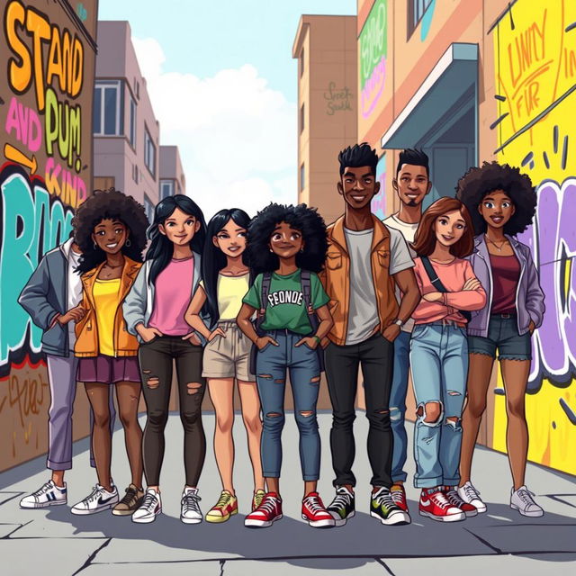 A powerful illustration depicting a group of diverse young individuals, standing confidently together in a vibrant urban environment, symbolizing resilience against bullying