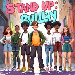 A powerful illustration depicting a group of diverse young individuals, standing confidently together in a vibrant urban environment, symbolizing resilience against bullying