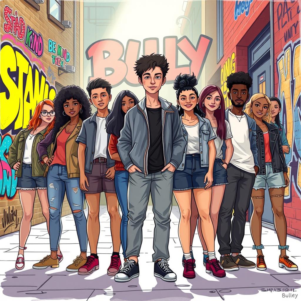 A powerful illustration depicting a group of diverse young individuals, standing confidently together in a vibrant urban environment, symbolizing resilience against bullying