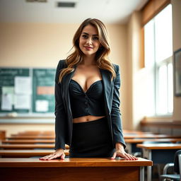 A sexy 30-year-old Ukrainian teacher dressed in a stylish and formal outfit, standing in a college classroom illuminated by soft, warm natural light