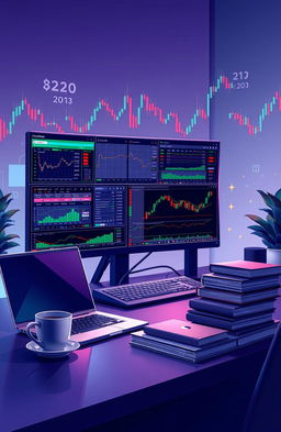 A visually stunning illustration depicting a modern digital trading environment, showcasing a desktop setup with multiple screens displaying Metatrader charts, indicators, and live market data