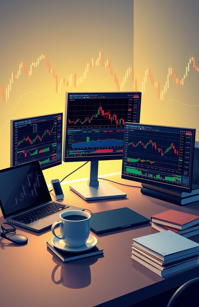 A visually stunning illustration depicting a modern digital trading environment, showcasing a desktop setup with multiple screens displaying Metatrader charts, indicators, and live market data