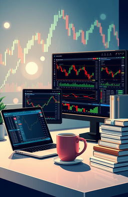 A visually stunning illustration depicting a modern digital trading environment, showcasing a desktop setup with multiple screens displaying Metatrader charts, indicators, and live market data
