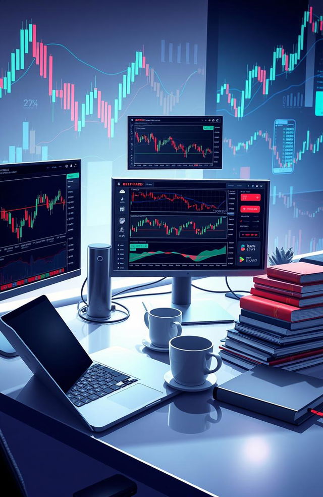 A visually stunning illustration depicting a modern digital trading environment, showcasing a desktop setup with multiple screens displaying Metatrader charts, indicators, and live market data