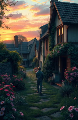 A poignant scene depicting a solitary figure standing in a quaint village, surrounded by vibrant colors that reflect the beauty of memories and lost love