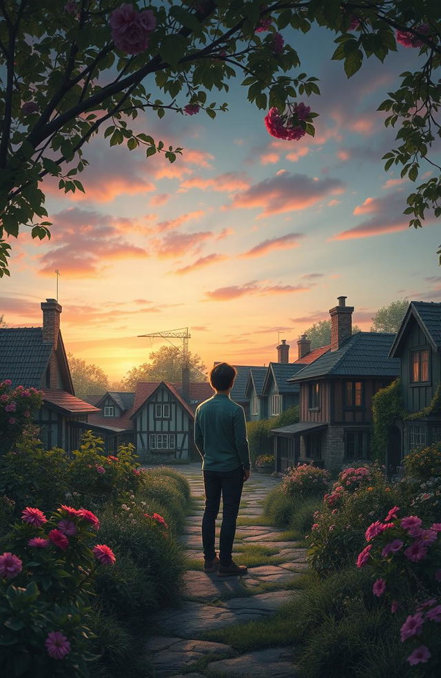 A poignant scene depicting a solitary figure standing in a quaint village, surrounded by vibrant colors that reflect the beauty of memories and lost love