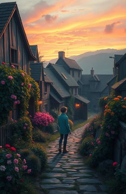 A poignant scene depicting a solitary figure standing in a quaint village, surrounded by vibrant colors that reflect the beauty of memories and lost love