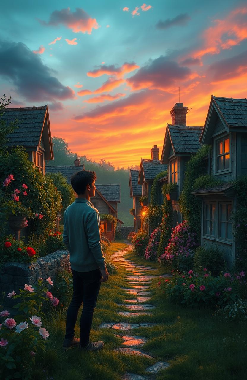 A poignant scene depicting a solitary figure standing in a quaint village, surrounded by vibrant colors that reflect the beauty of memories and lost love