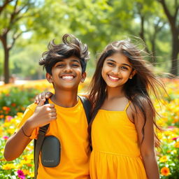 A vibrant and stunning portrait of two Indian teenagers in a playful and innocent scenario, with bright smiles and carefree expressions