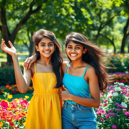 A vibrant and stunning portrait of two Indian teenagers in a playful and innocent scenario, with bright smiles and carefree expressions