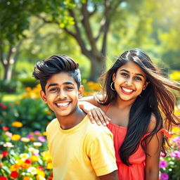 A vibrant and stunning portrait of two Indian teenagers in a playful and innocent scenario, with bright smiles and carefree expressions