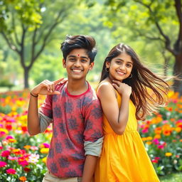 A vibrant and stunning portrait of two Indian teenagers in a playful and innocent scenario, with bright smiles and carefree expressions