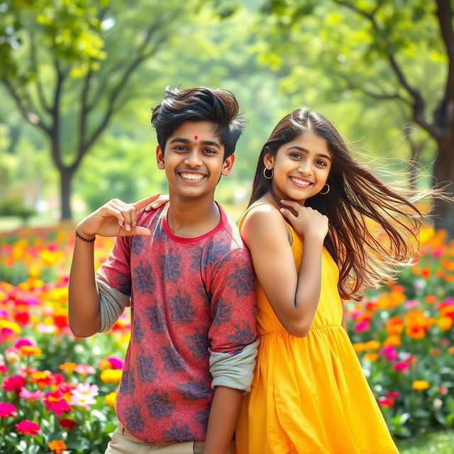 A vibrant and stunning portrait of two Indian teenagers in a playful and innocent scenario, with bright smiles and carefree expressions