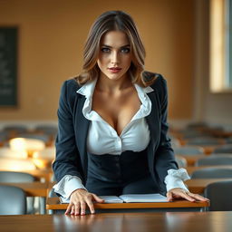 A sexy 30-year-old Ukrainian teacher dressed in a stylish and formal outfit, positioned in a college classroom illuminated by soft, warm natural light