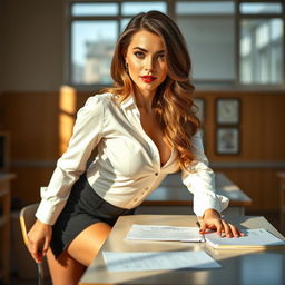 A sexy 30-year-old Ukrainian teacher dressed in a stylish and formal outfit, positioned in a college classroom illuminated by soft, warm natural light