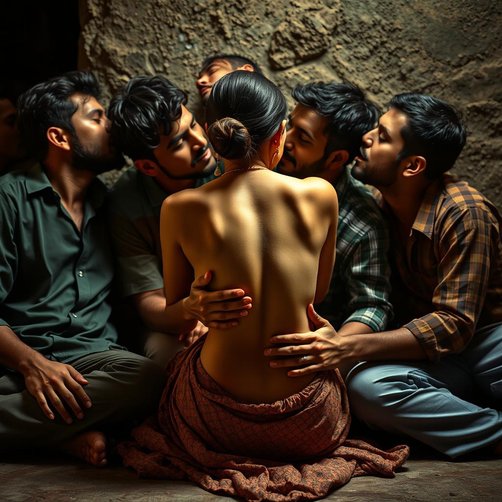 A sensual Pakistani woman making out with multiple men in a slum setting, sitting on the floor leaning against a rough wall
