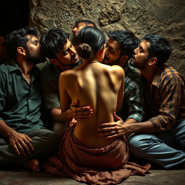 A sensual Pakistani woman making out with multiple men in a slum setting, sitting on the floor leaning against a rough wall