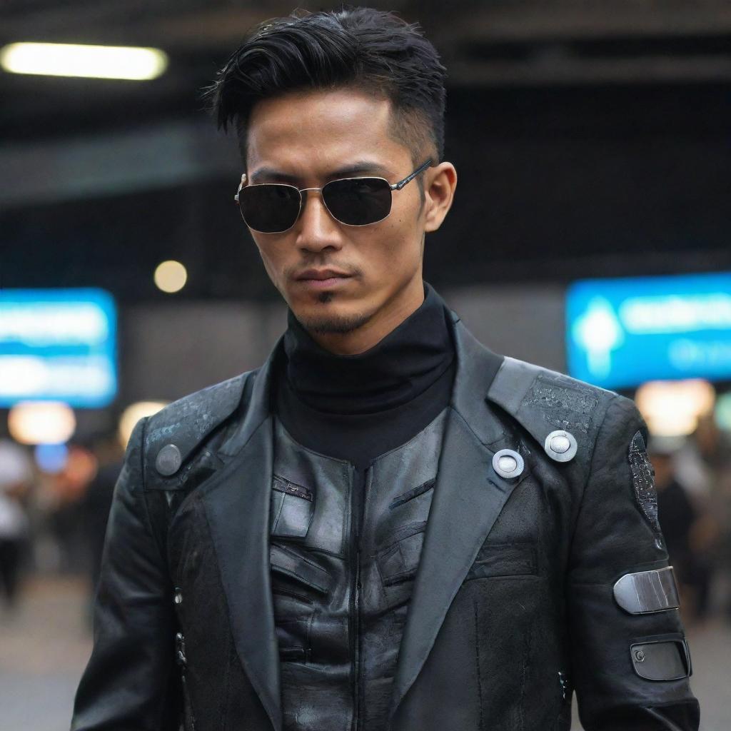 A very handsome Indonesian man donned in stylish cyberpunk attire