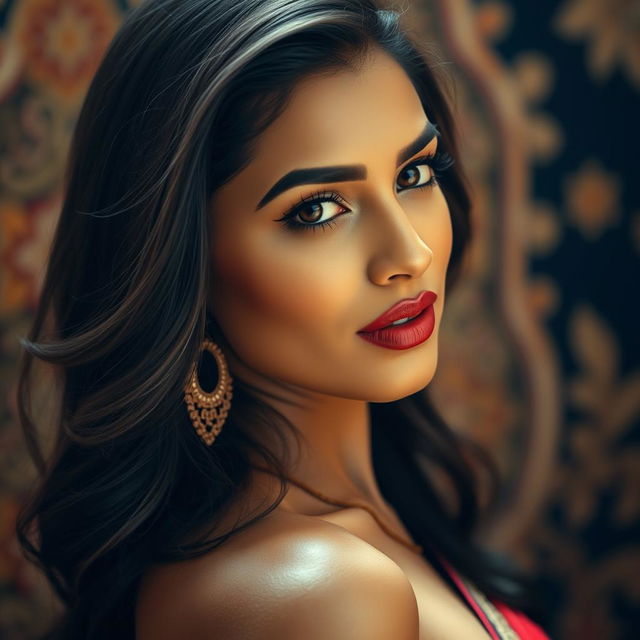 A stunning close-up of a beautiful Indian woman in an artistic and tasteful manner, emphasizing her elegance and sensuality