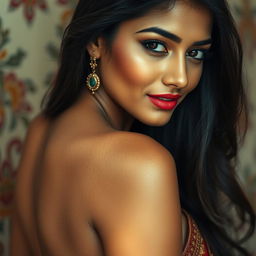 A stunning close-up of a beautiful Indian woman in an artistic and tasteful manner, emphasizing her elegance and sensuality