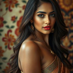 A stunning close-up of a beautiful Indian woman in an artistic and tasteful manner, emphasizing her elegance and sensuality