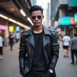 A very handsome Indonesian man donned in stylish cyberpunk attire