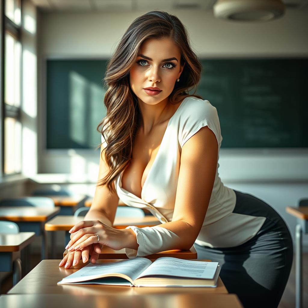 A sexy 30-year-old Ukrainian teacher in a sophisticated and formal outfit, captured in a college classroom with beautiful natural light illuminating the scene