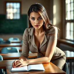 A sexy 30-year-old Ukrainian teacher in a sophisticated and formal outfit, captured in a college classroom with beautiful natural light illuminating the scene