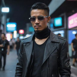 A very handsome Indonesian man donned in stylish cyberpunk attire