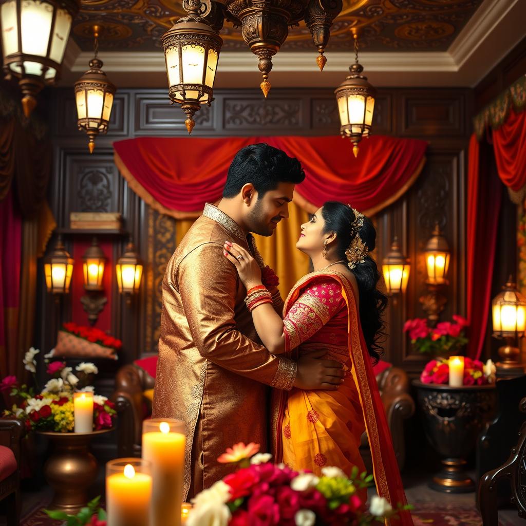 A beautifully ornate Indian-themed room with rich decor, vibrant colors, and traditional Indian textiles