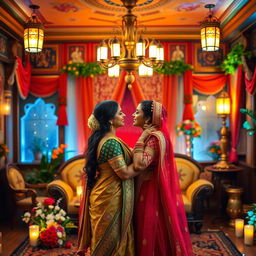 A beautifully ornate Indian-themed room with rich decor, vibrant colors, and traditional Indian textiles