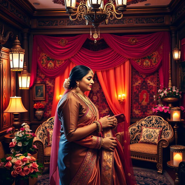 A beautifully ornate Indian-themed room with rich decor, vibrant colors, and traditional Indian textiles