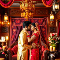 A beautifully ornate Indian-themed room with rich decor, vibrant colors, and traditional Indian textiles