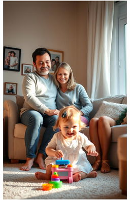 A harmonious family scene set in a cozy home, showcasing a father, a mother, stepmother, and a young daughter