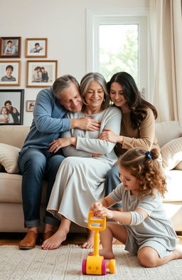 A harmonious family scene set in a cozy home, showcasing a father, a mother, stepmother, and a young daughter